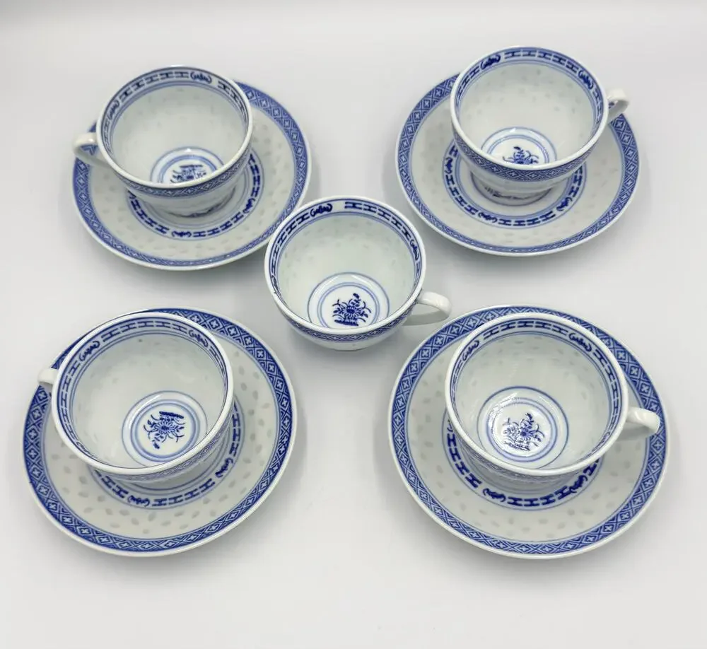 Jingdezhen Rice Eye Grain Cups & Saucers Blue & White Porcelain 9pc Set